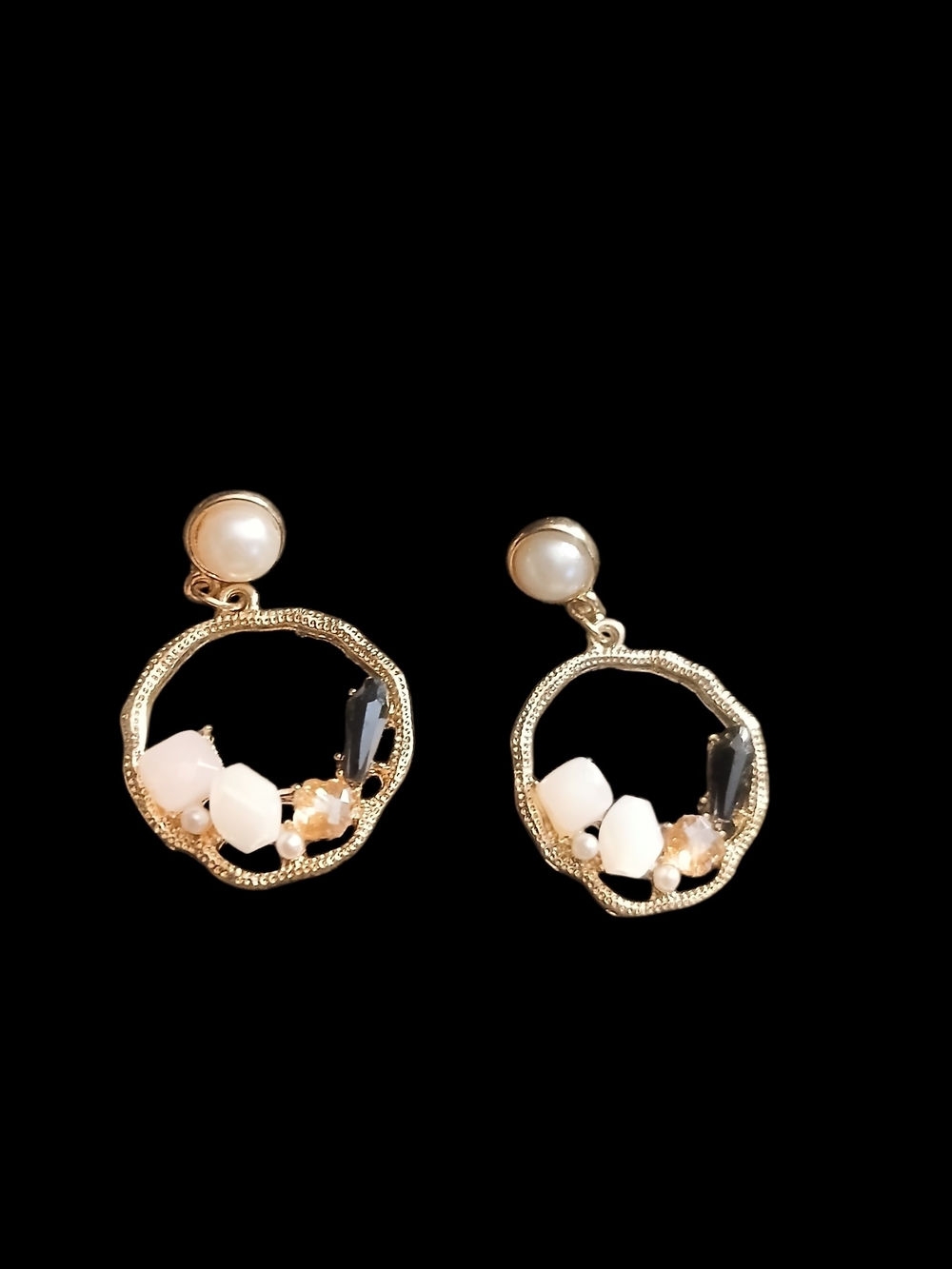 Small Gold Hoop Drop Earrings with Pearl And Crystal Accents